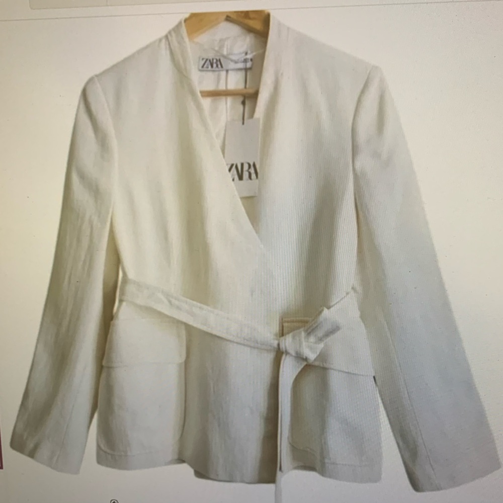 ZARA Linen Blend Preppy Belted Waistt Casuall Trendy Blazer M Bloggers Favorite - Picture 2 of 5